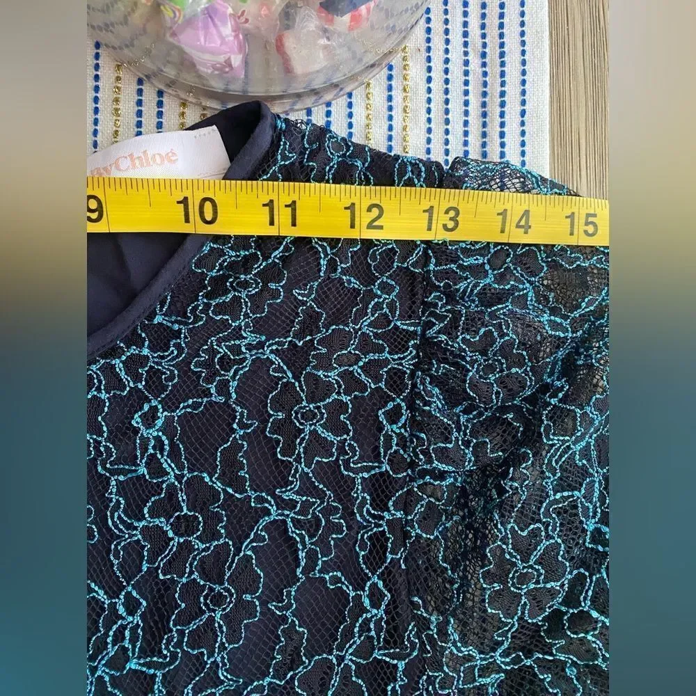 SEE BY CHLOE Black Blue Lace Knit Long Sleeve Boho Coquette Midi Dress Sz 40 US8